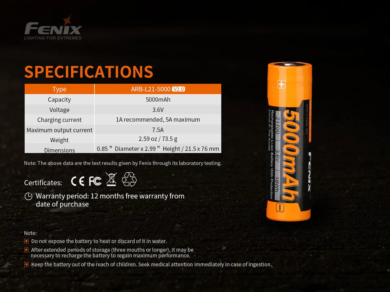 Fenix 21700 Rechargeable Battery, 5000mAh - F FX-ARBL215000v2 Fenix