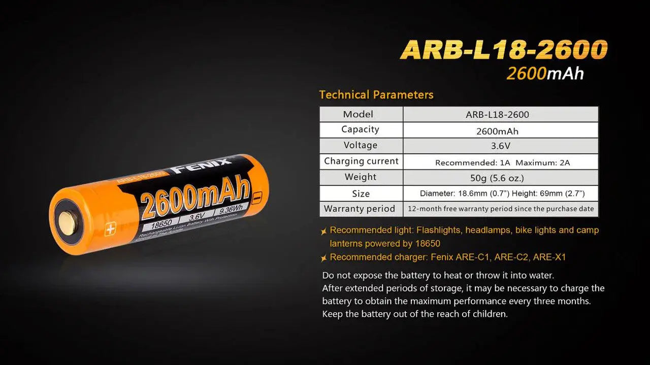 Fenix 18650 Rechargeable Battery, 2600mAh - F FX-ARBL182600 Fenix