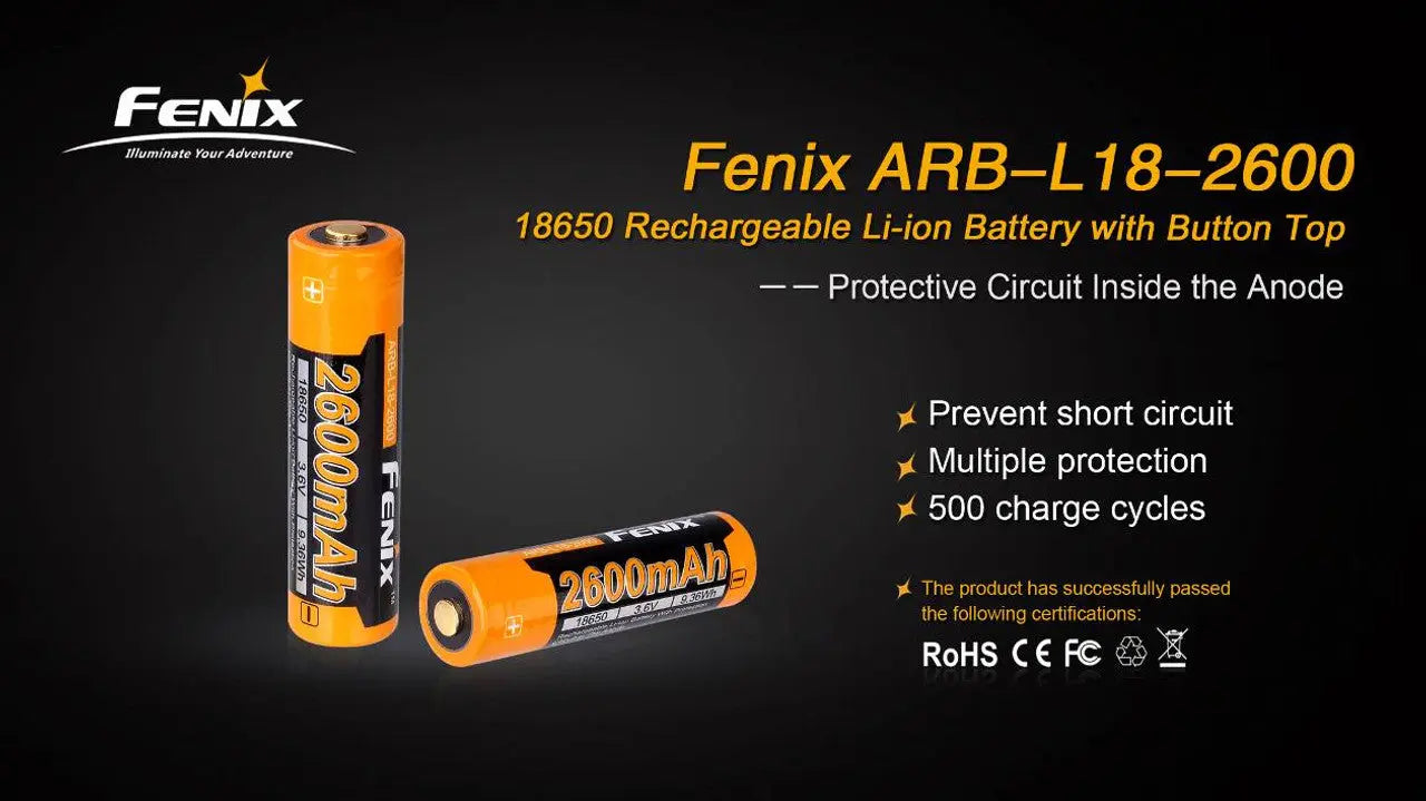 Fenix 18650 Rechargeable Battery, 2600mAh - F FX-ARBL182600 Fenix