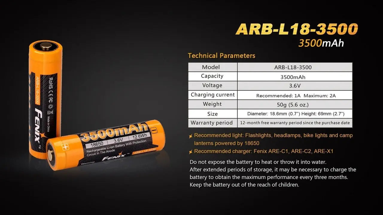 Fenix 18650 Rechargeable Battery, 3500mAh - F FX-ARBL183500 Fenix