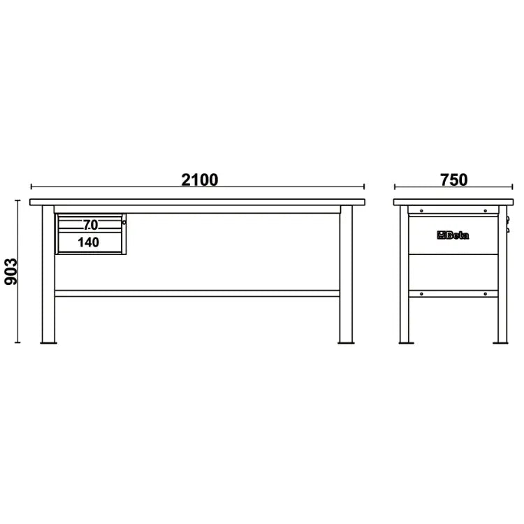Beta Tools (Article# C58BC-W2,1 2C) 2-Drawers Workbench with Wood Worktop, 2.1 m Long - BT 058000631 