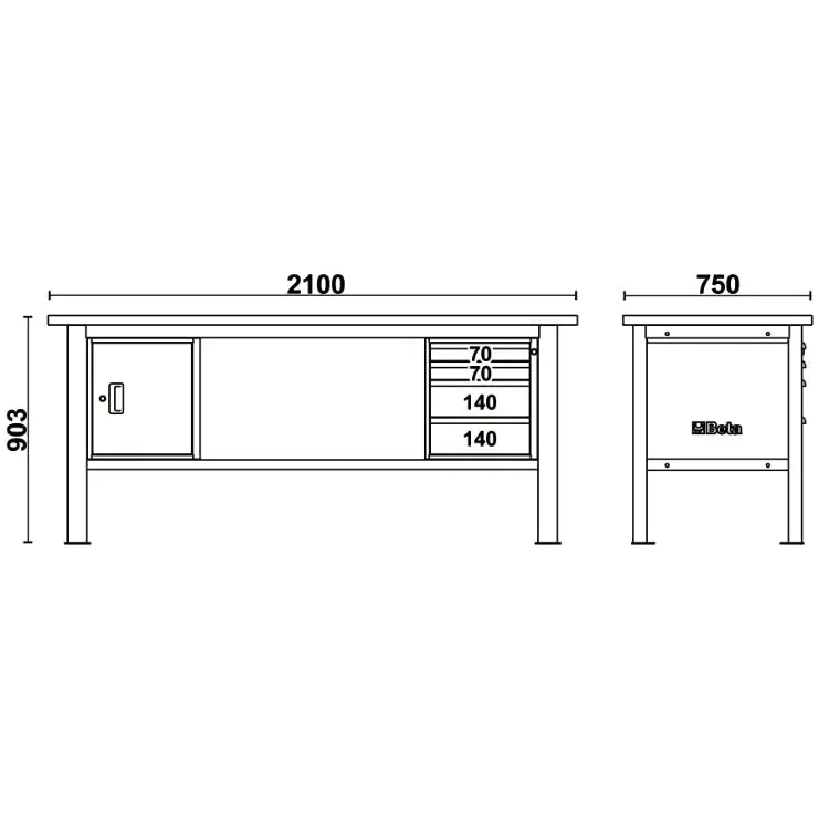 Beta Tools (Article# C58BC-W2,1 4CA) 4-Drawers Door Module Workbench with Wood Worktop, 2.1 m Long - BT 058000633 