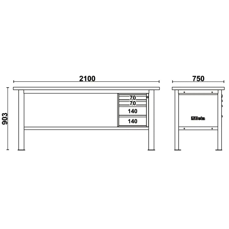 Beta Tools (Article# C58BC-W2,1 4C) 4-Drawers Workbench with Wood Worktop, 2.1 m Long - BT 058000632 