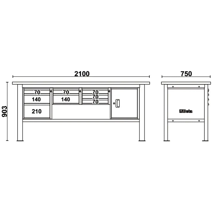 Beta Tools (Article# C58BC-W2,1 8CA) 8-Drawers Door Module Workbench with Wood Worktop, 2.1 m Long - BT 058000635 