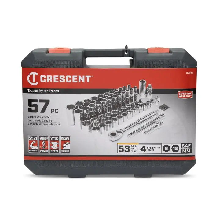 CRESCENT 57 Pc. 3/8" Drive 6 and 12 Point Standard & Deep SAE/Metric Mechanics Tool Set - CSWS10C CRESCENT