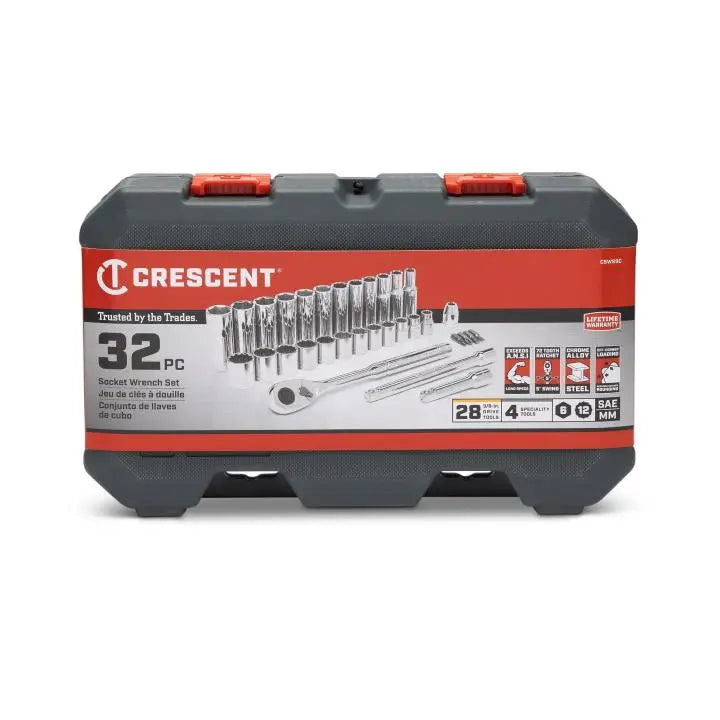 CRESCENT 32 Pc. 3/8" Drive 6 and 12 Point Standard & Deep Metric Mechanics Tool Set - CSWS9C CRESCENT