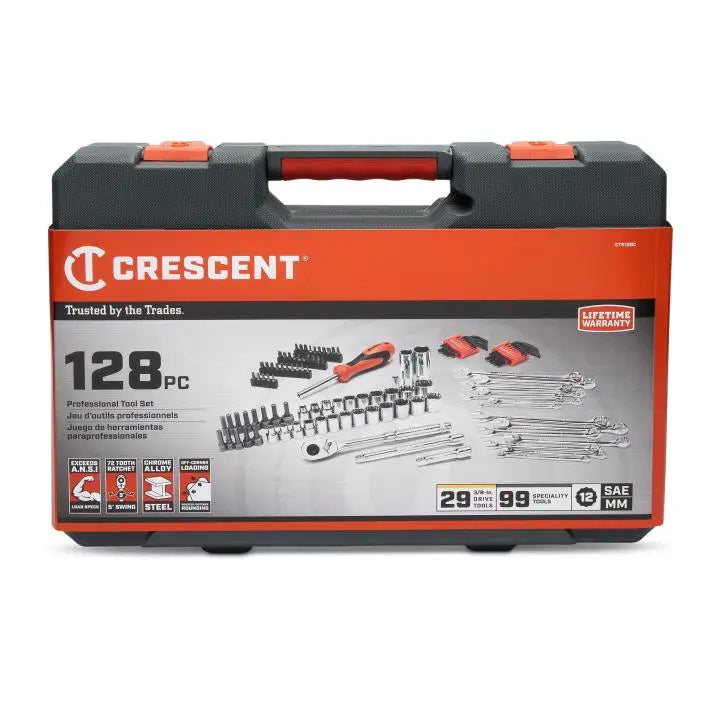 CRESCENT 128 Pc. 3/8" Drive 12 Point Standard SAE/Metric Mechanics Tool Set -CTK128C CRESCENT