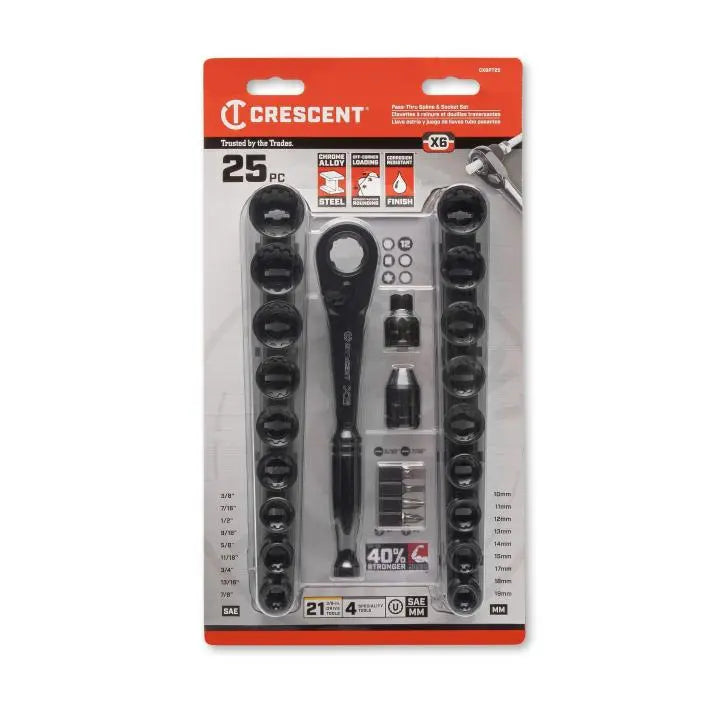 CRESCENT 25 Pc. 3/8" Drive Pass-Thru® X6® Standard Spline Mechanics Tool Set - CX6PT25 CRESCENT