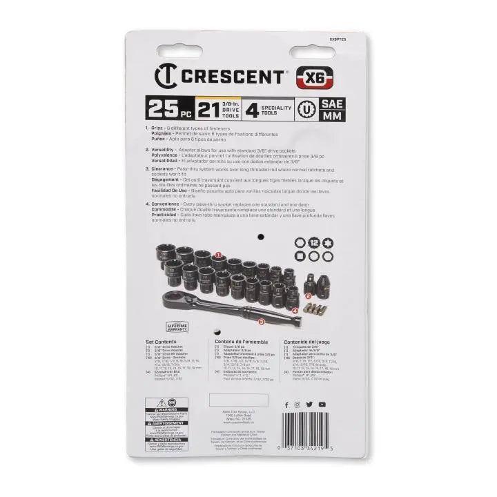 CRESCENT 25 Pc. 3/8" Drive Pass-Thru® X6® Standard Spline Mechanics Tool Set - CX6PT25 CRESCENT