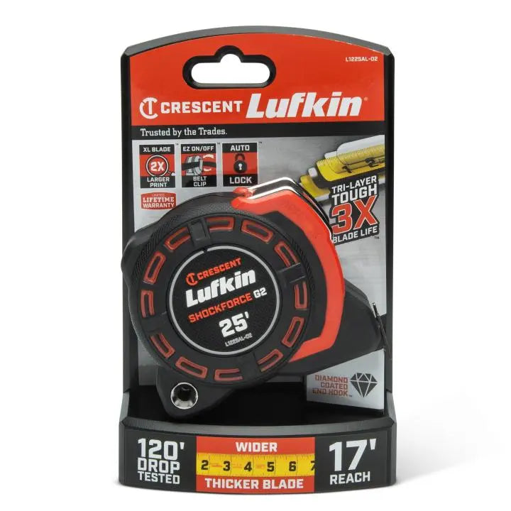 LUFKIN 1-1/4 in x 25 ft Shockforce G2 Auto-Lock Tape Measure - GW L1225AL-02 Measuring Tape LUFKIN