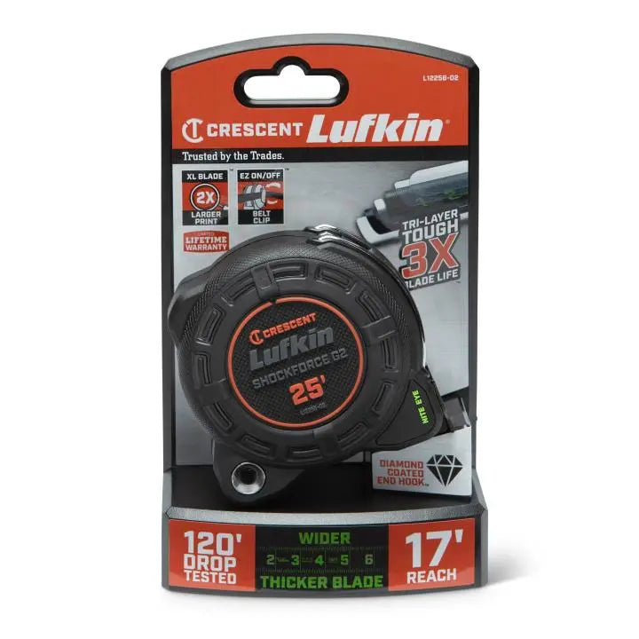 LUFKIN 1-1/4 in x 25 ft Shockforce Nite Eye G2 Tape Measure - GW L1225B-02 Measuring Tape LUFKIN