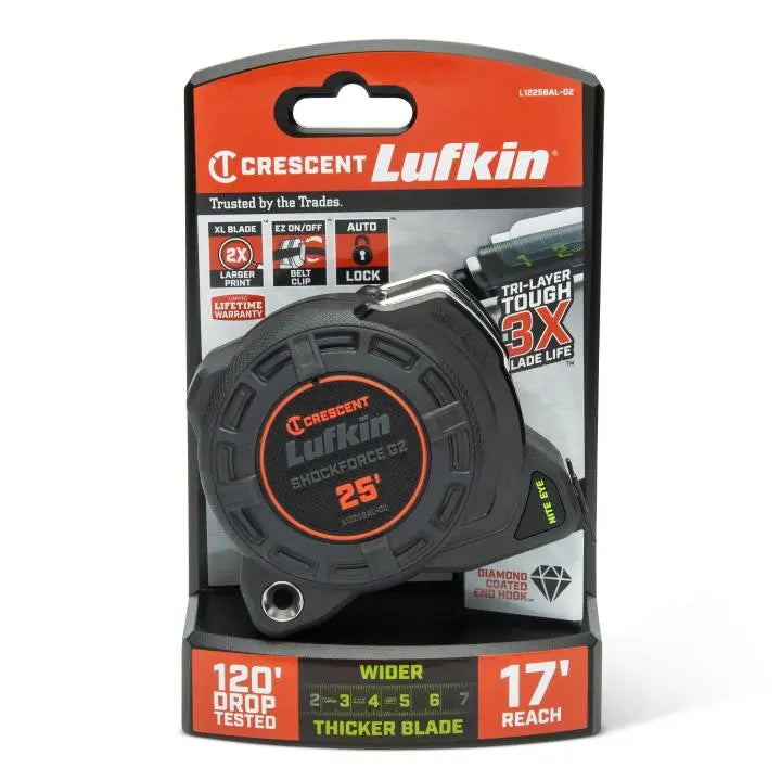 LUFKIN 1-1/4 in x 25 ft Shockforce Nite Eye G2 Auto-Lock Tape Measure - GW L1225BAL-02 Measuring Tape LUFKIN