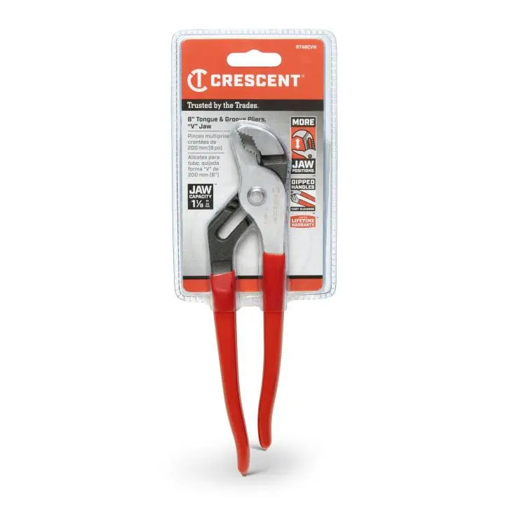 CRESCENT V-Jaw Tounge and Groove Plier with Dipped Handle, 8 in - GW RT48CVN Plier CRESCENT