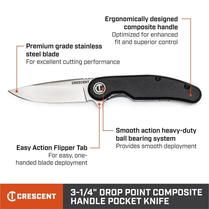 CRESCENT Drop-Point Composite Handle Pocket Knife, 3-1/4 in - GW CPK325C CRESCENT