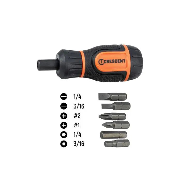 CRESCENT Set of 7 6-in-1 Stubby Ratcheting Multi-Bit Driver - GW CMBS61R Bit Driver Set CRESCENT