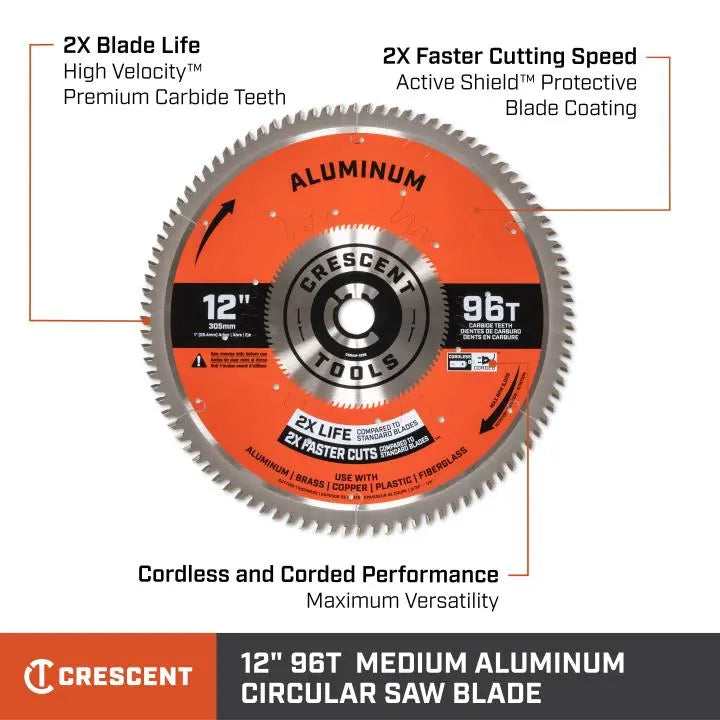 CRESCENT Medium Aluminum Circular Saw Blade, 12 in x 96-Tooth - GW CSBAM-1296 Saw Blade CRESCENT
