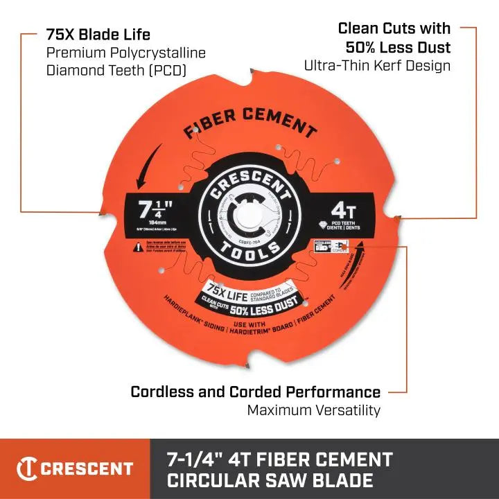 CRESCENT Fiber Cement Circular Saw Blade, 7-1/4 in x 4-Tooth - GW CSBFC-704 Saw Blade CRESCENT