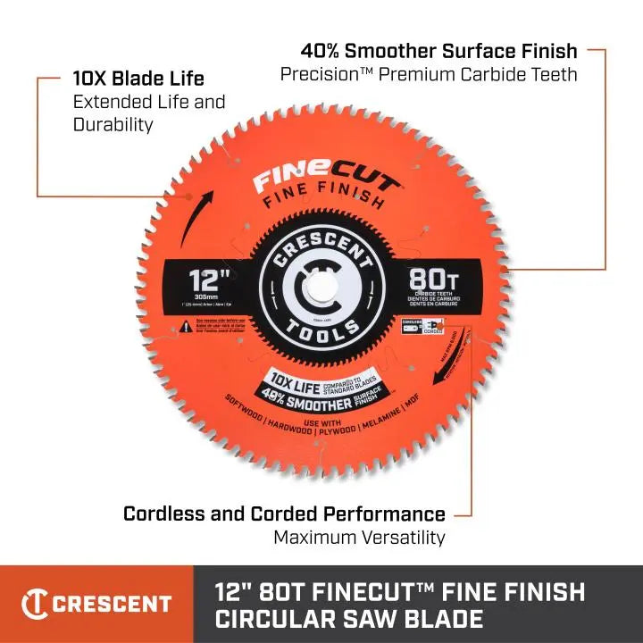 CRESCENT FineCut Fine Finishing Circular Saw Blade, 12 in x 80-Tooth - GW CSBFF-1280 Saw Blade CRESCENT