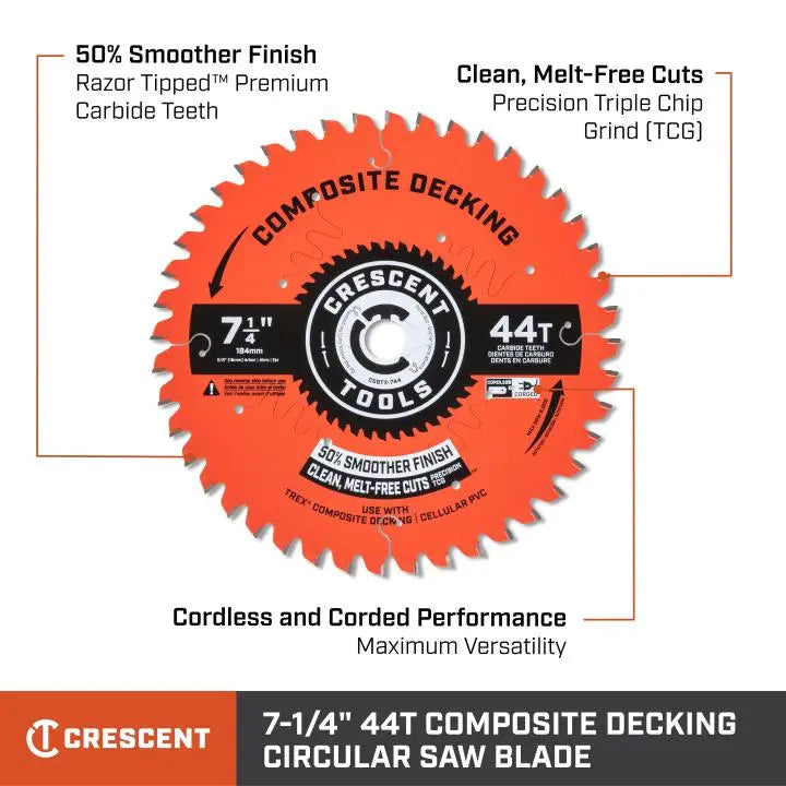 CRESCENT Composite Decking Circular Saw Blade, 7-1/4 in x 44-Tooth - GW CSBTX-744 Saw Blade CRESCENT