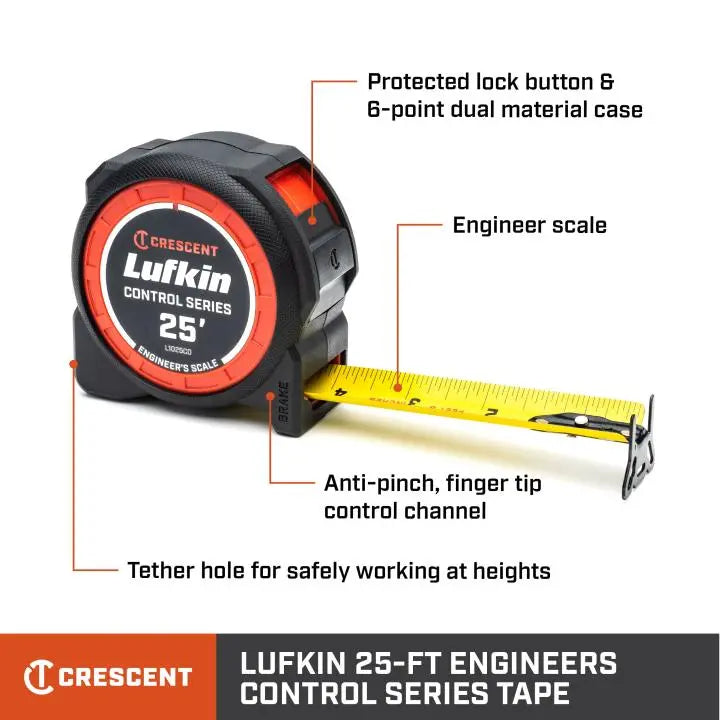 LUFKIN 1-3/16 in x 25 ft Control Series Yellow Clad Engineers Tape Measure - GW L1025CD-02 Measuring Tape LUFKIN
