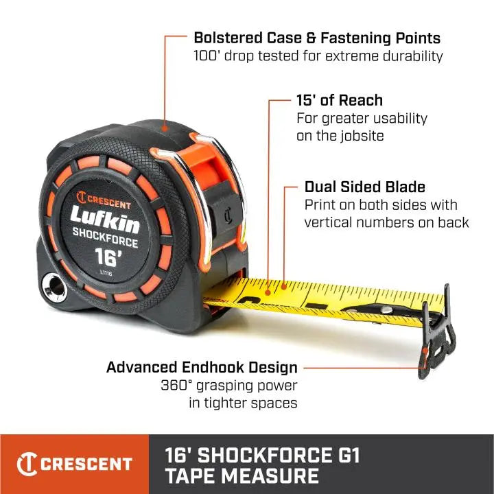 LUFKIN 1-3/16 in x 16 ft Shockforce G1 Dual Sided Tape Measure, 2.3 in - GW L1116-02 Measuring Tape LUFKIN