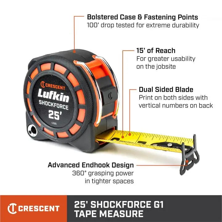 LUFKIN 1-3/16 in x 25 ft Shockforce G1 Dual Sided Tape Measure - GW L1125-02 Measuring Tape LUFKIN