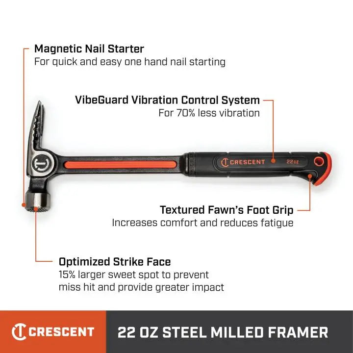 Crescent Hammer CRESCENT Steel Milled-Face Framing Hammer, 22 Oz - CHSFRM22 U2013 Tools Crescent Tools