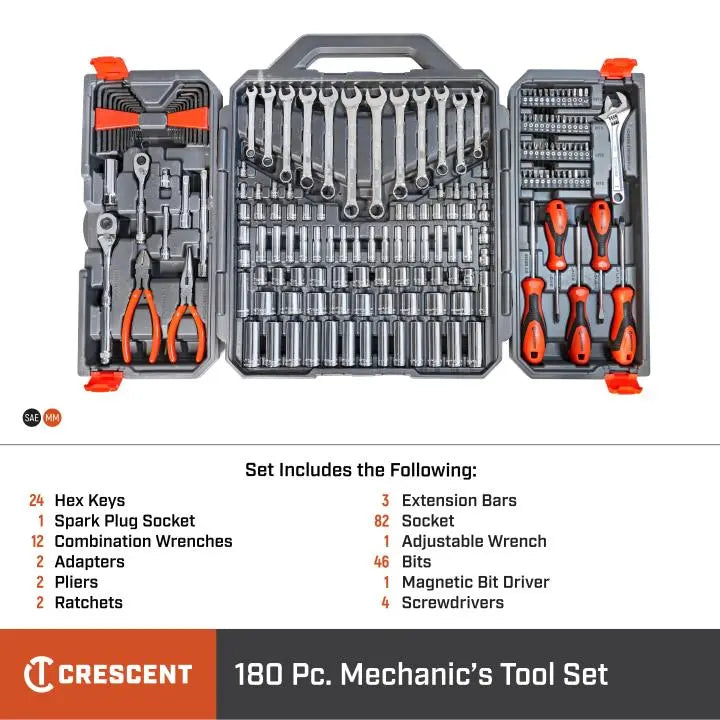 CRESCENT Set of 180 1/4 in, 3/8 in Drive 6 Point SAE/Metric Professional Tool - GW CTK180 CRESCENT