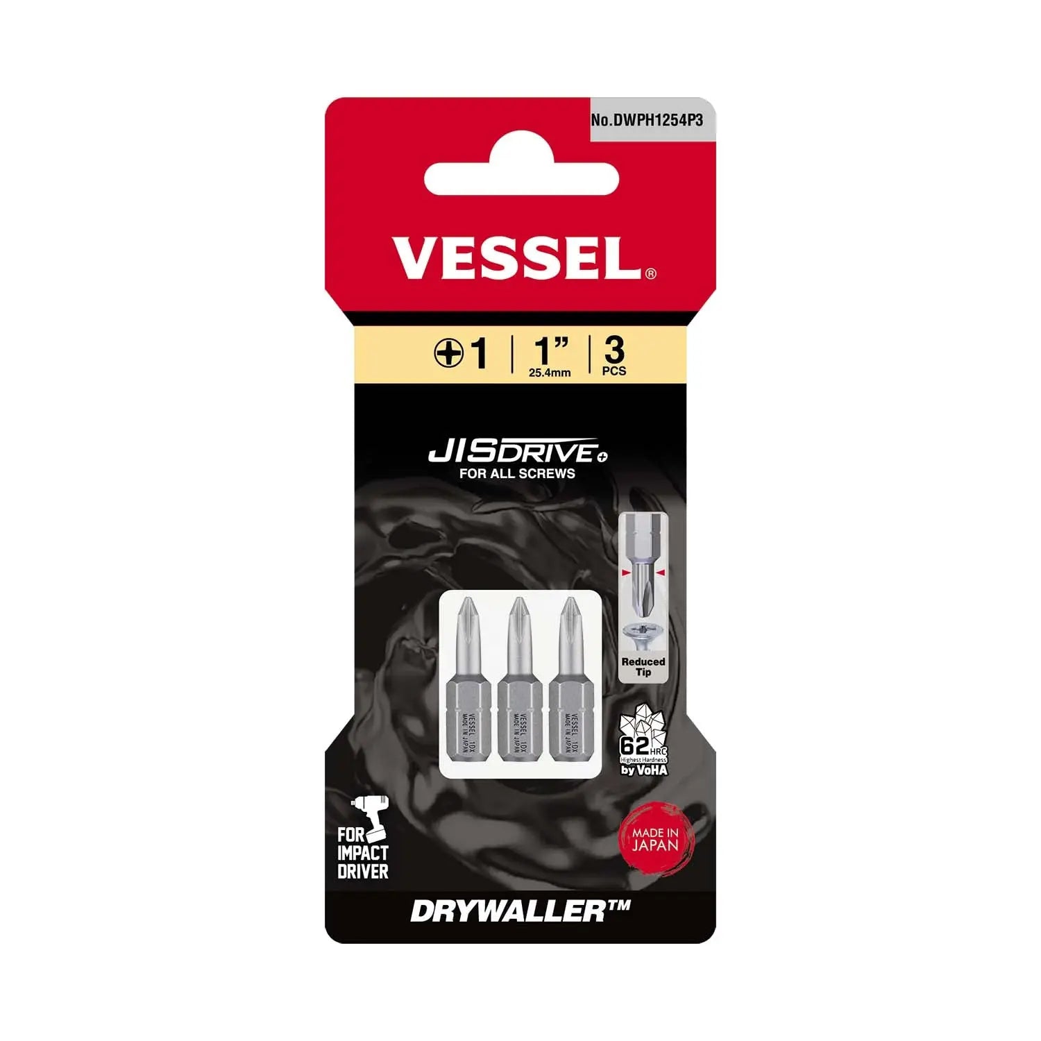 Vessel Tools Set of 3 DRYWALLER Insert Bit, PH1 x 25.4mm - VL DWPH1254P3