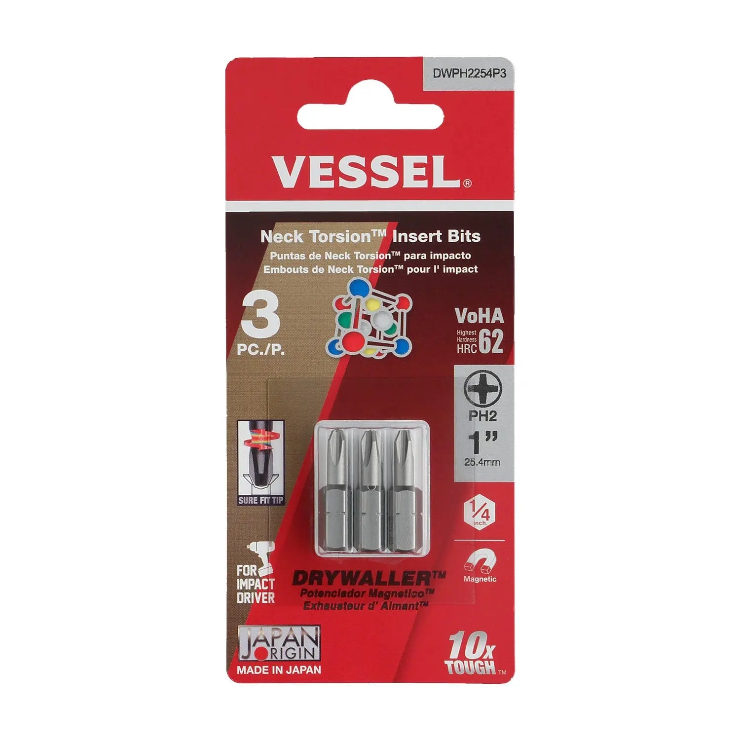 Vessel Tools Set of 3 Drywaller Insert Bit, PH2 x 25.4mm - VL DWPH2254P3 Vessel Tools
