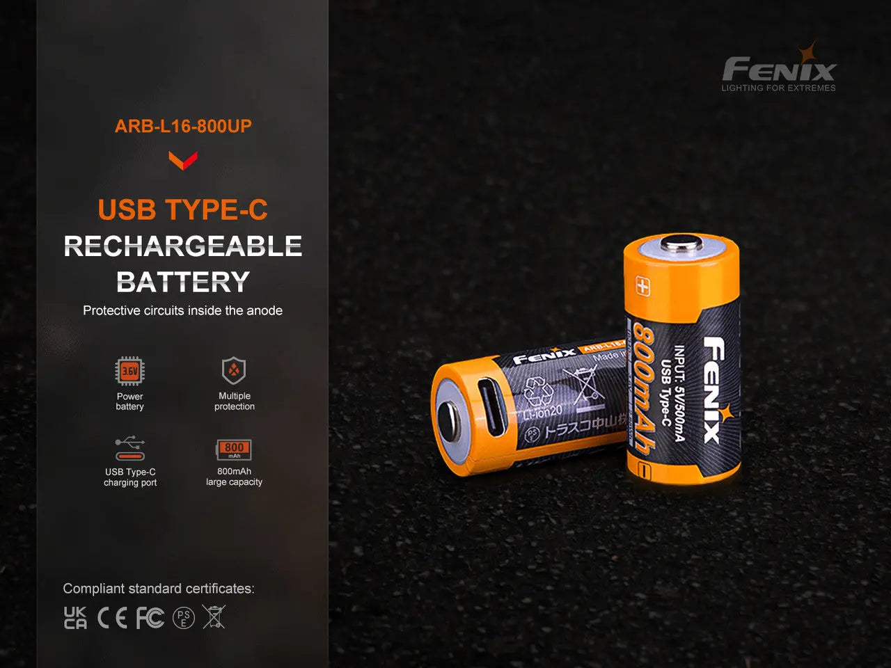 Fenix 16340 USB-C Rechargeable Battery, 800mAh - F FX-ARBL16800UP Fenix