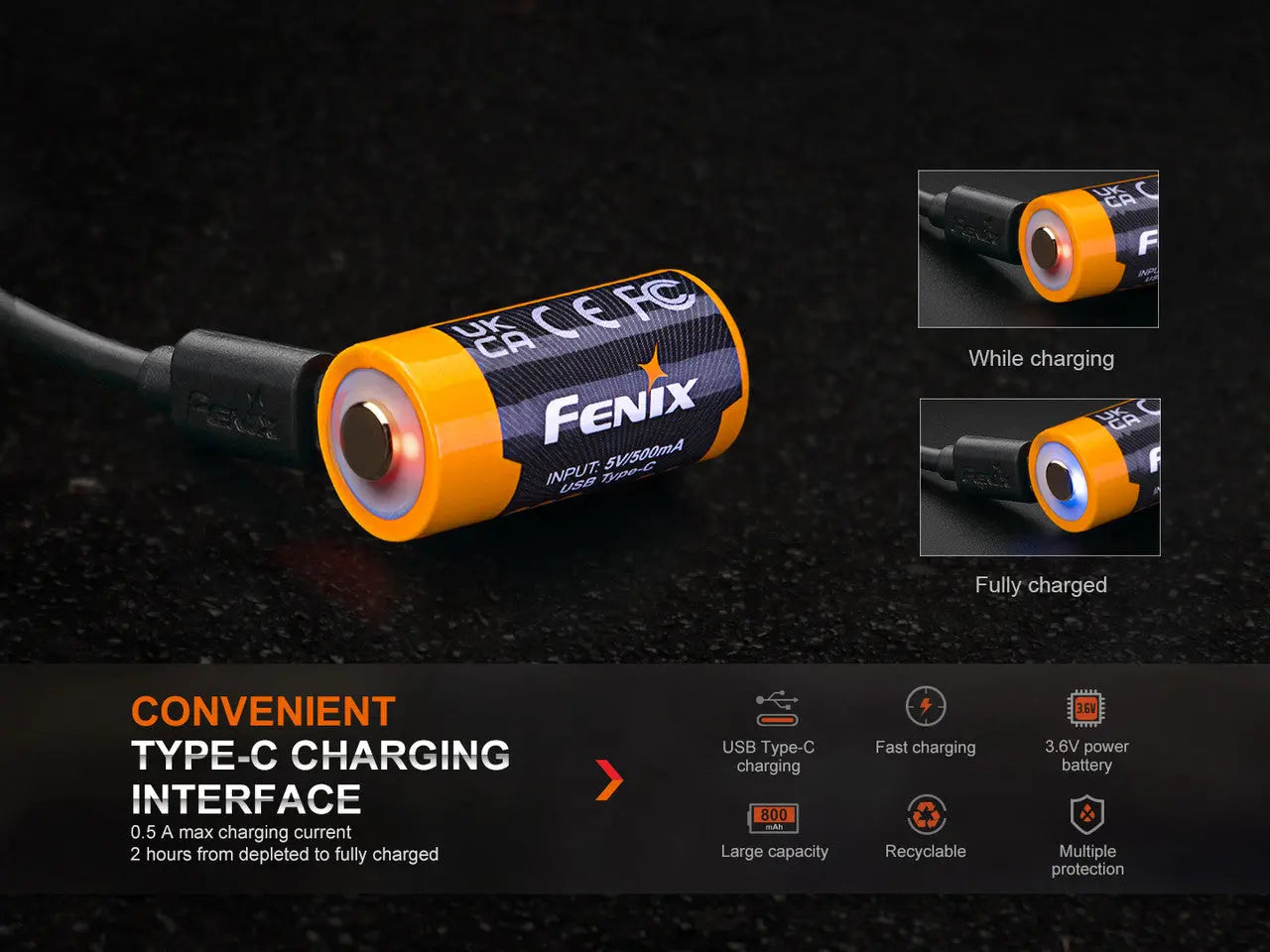 Fenix 16340 USB-C Rechargeable Battery, 800mAh - F FX-ARBL16800UP Fenix
