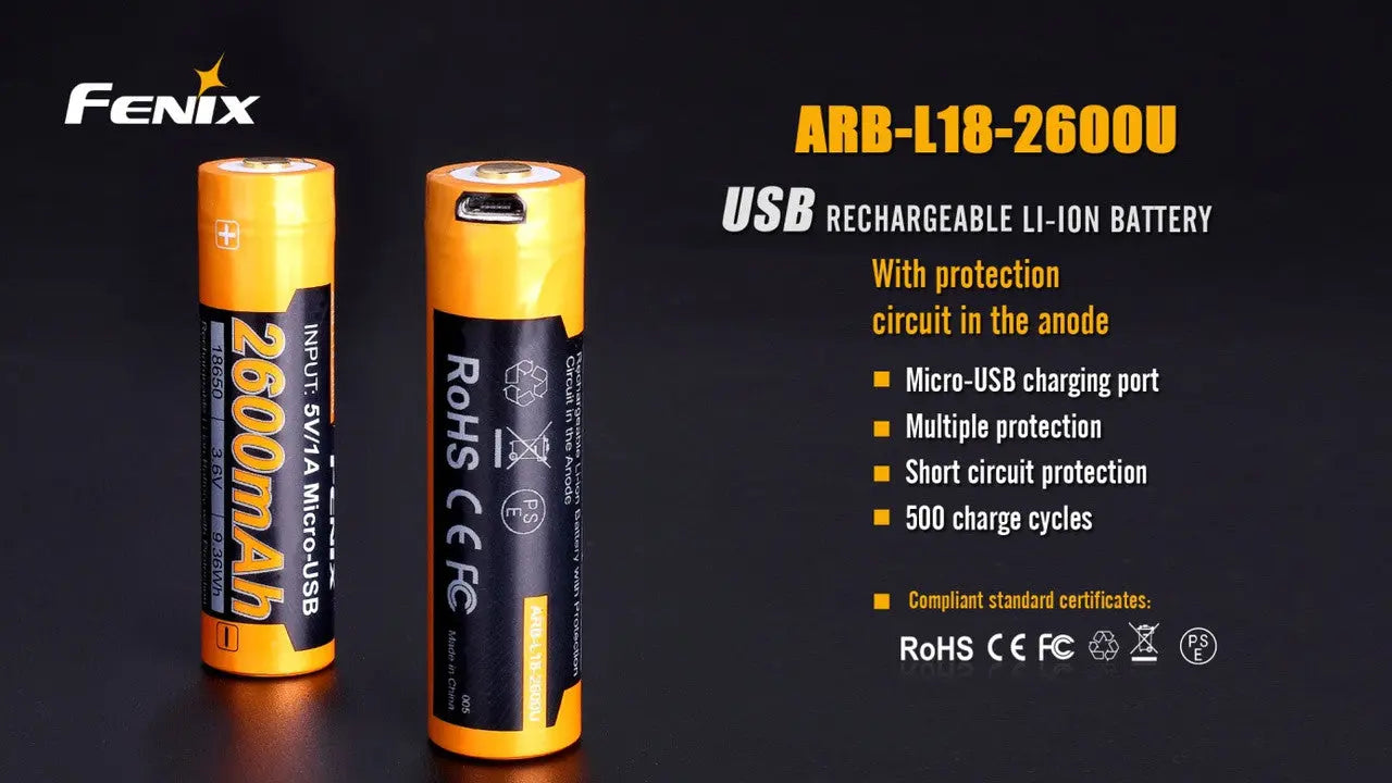 Fenix 18650 USB Rechargeable Battery, 2600mAh - F FX-ARBL182600U Fenix