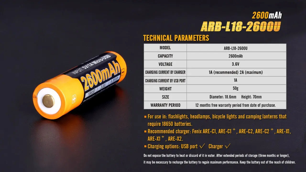 Fenix 18650 USB Rechargeable Battery, 2600mAh - F FX-ARBL182600U Fenix