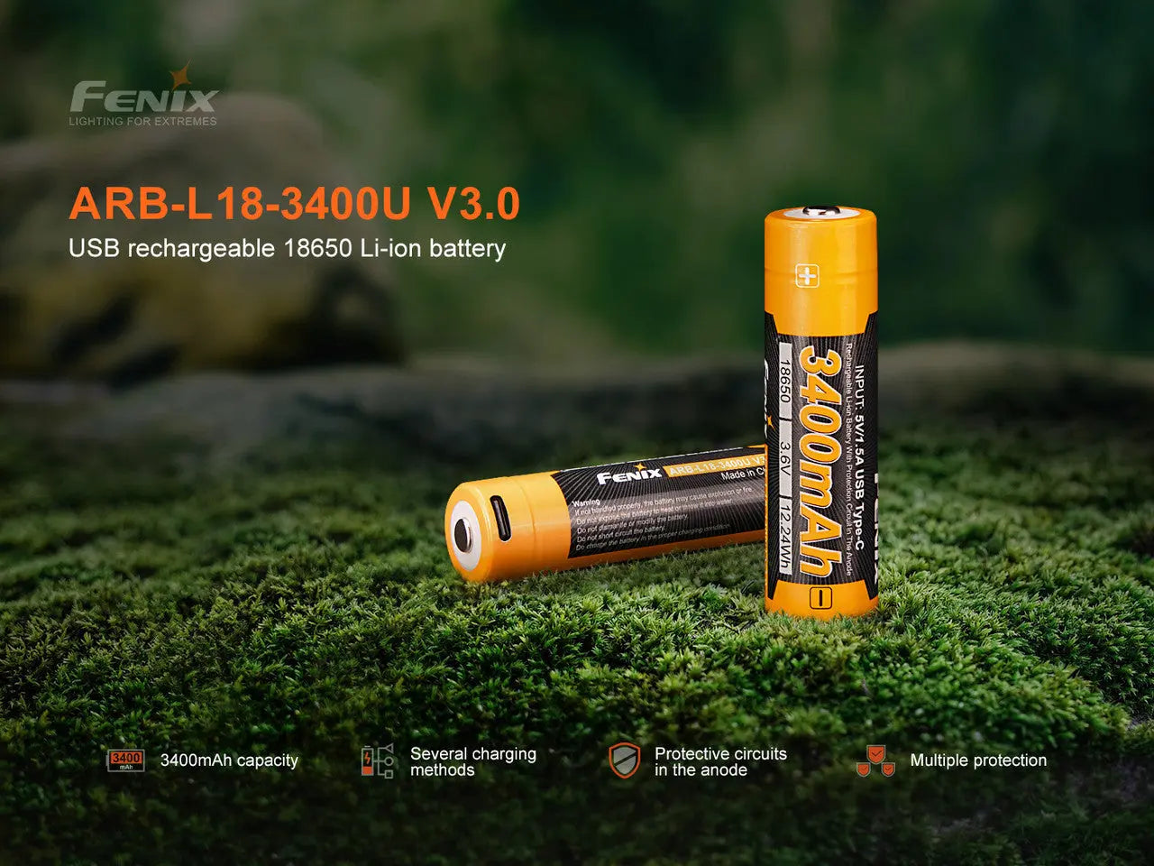 Fenix 18650 USB-C Rechargeable Battery, 3400mAh - F FX-ARBL183400UV3 Fenix