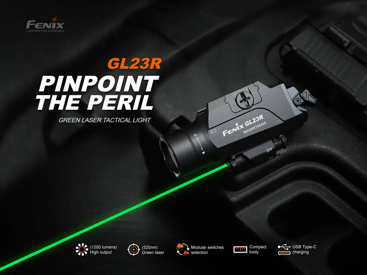 Fenix 1200 Lumen Rechargeable Pistol Light with Green Laser - F FX-GL23R Fenix