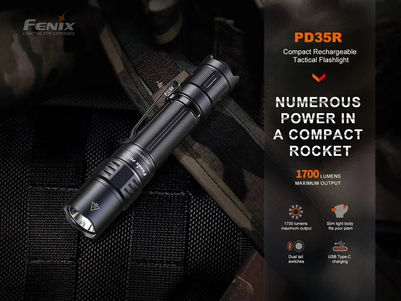 Fenix 1700 Lumen Compact Tactical Rechargeable Flashlight - F FX-PD35R Fenix