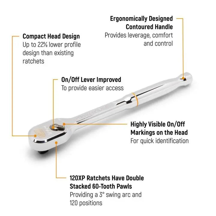 GEARWRENCH 3/8" Drive 120XP™ Full Polish Chrome Teardrop Ratchet 8-1/4" - GW 81211XP GEARWRENCH