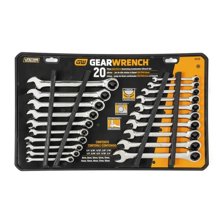 GEARWRENCH Set of 20 72-Tooth SAE/Metric Ratcheting Combination Wrenches - GW 35720-06 Wrench Set GEARWRENCH