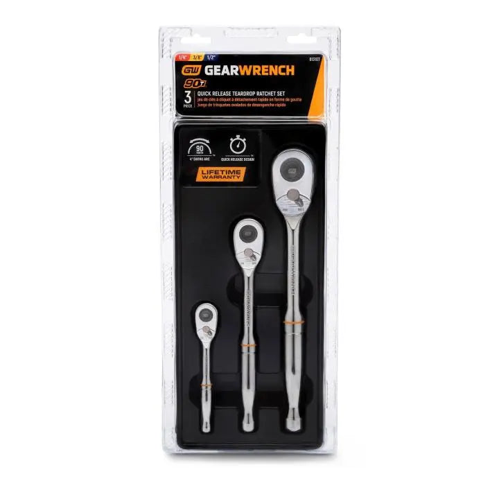 GEARWRENCH Set of 3 1/4 in, 3/8 in, 1/2 in Drive 90-Tooth Quick Release Teardrop Ratchets - GW 81310T Ratchet Set GEARWRENCH