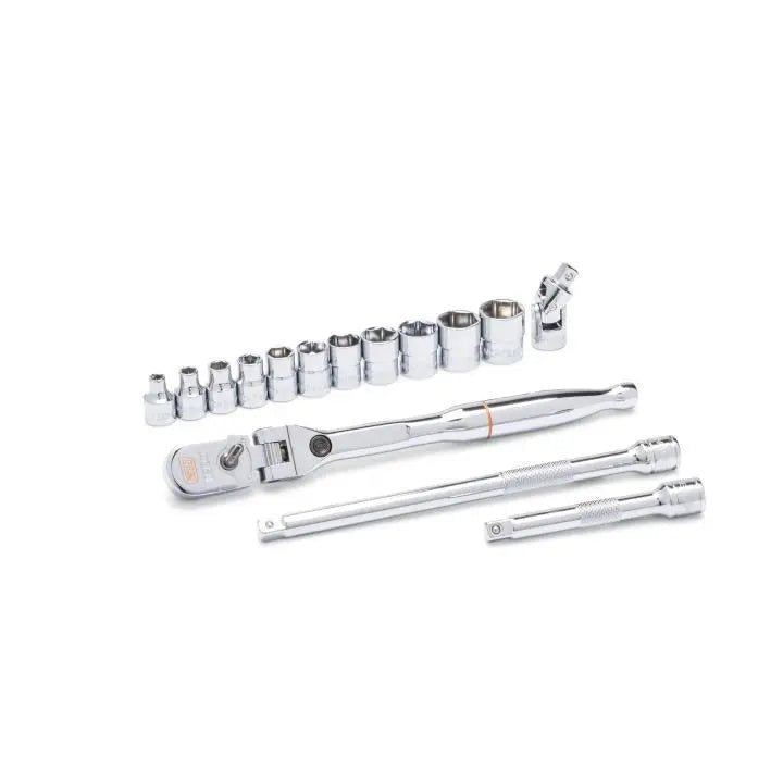 GEARWRENCH Set of 15 1/4 in Drive 120XP Locking Flex Head Ratchet and 6-Point Metric Stubby Socket Mechanics Tools - GW 81390 Mechanics Tool Set GEARWRENCH