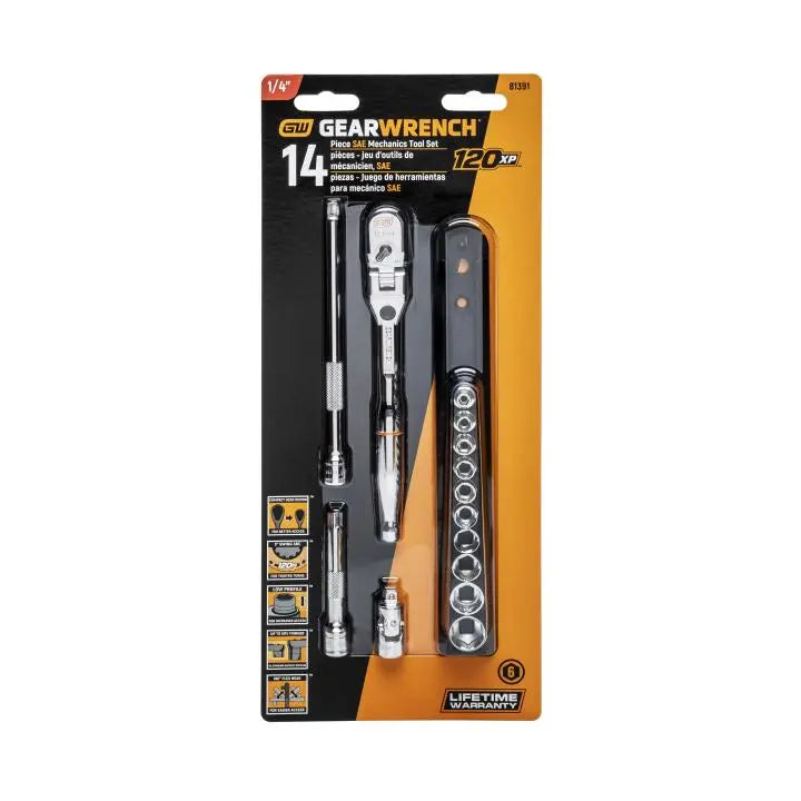 GEARWRENCH Set of 14 1/4 in Drive 120XP Locking Flex Head Ratchet and 6-Point SAE Stubby Socket Mechanics Tools - GW 81391 Mechanics Tool Set GEARWRENCH