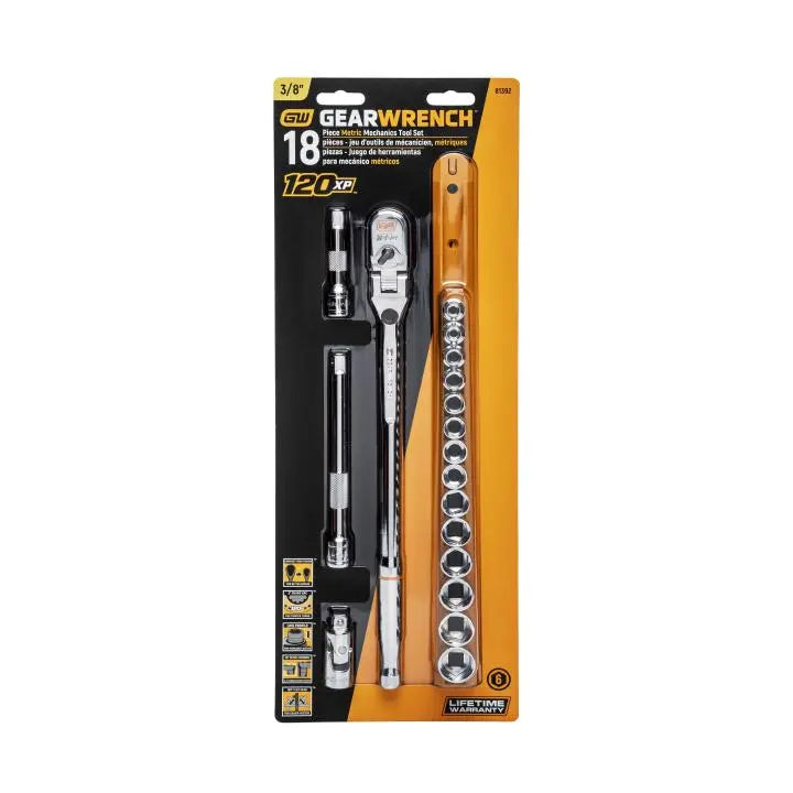 GEARWRENCH Set of 18 3/8 in Drive 120XP Locking Flex Head Ratchet and 6-Point Metric Stubby Socket Mechanics Tools - GW 81392 Mechanics Tool Set GEARWRENCH