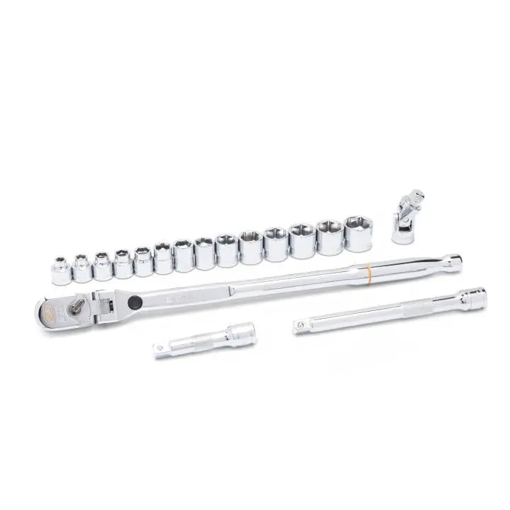 GEARWRENCH Set of 18 3/8 in Drive 120XP Locking Flex Head Ratchet and 6-Point Metric Stubby Socket Mechanics Tools - GW 81392 Mechanics Tool Set GEARWRENCH