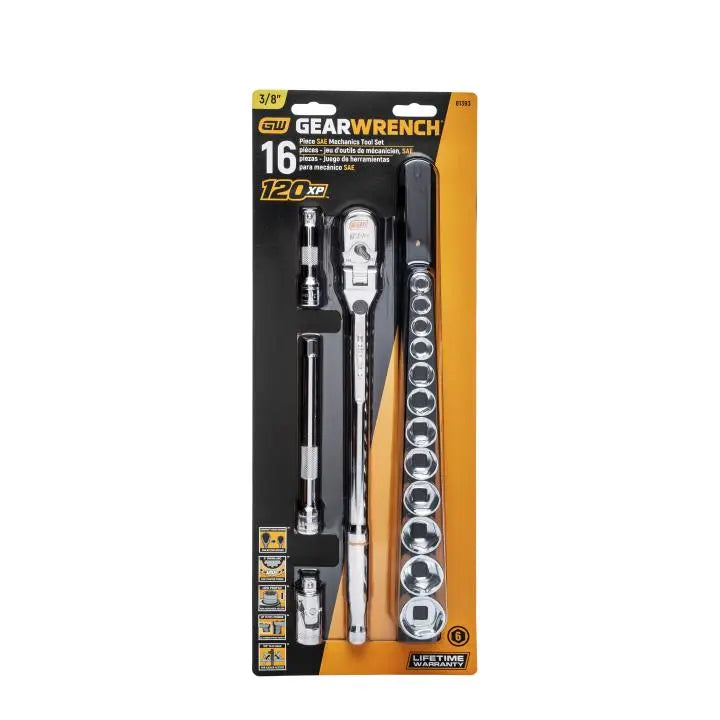 GEARWRENCH Set of 16 3/8 in Drive 120XP Locking Flex Head Ratchet and 6-Point SAE Stubby Socket Mechanics Tools - GW 81393 Mechanics Tool Set GEARWRENCH