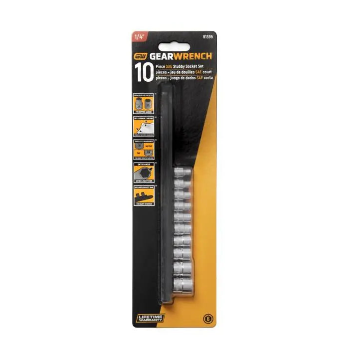 GEARWRENCH Set of 10 1/4 in Drive 6-Point Stubby SAE Sockets - GW 81395 Socket Set GEARWRENCH