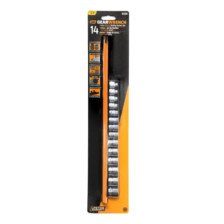 GEARWRENCH Set of 14 3/8 in Drive 6-Point Stubby Metric Sockets - GW 81396 Socket Set GEARWRENCH