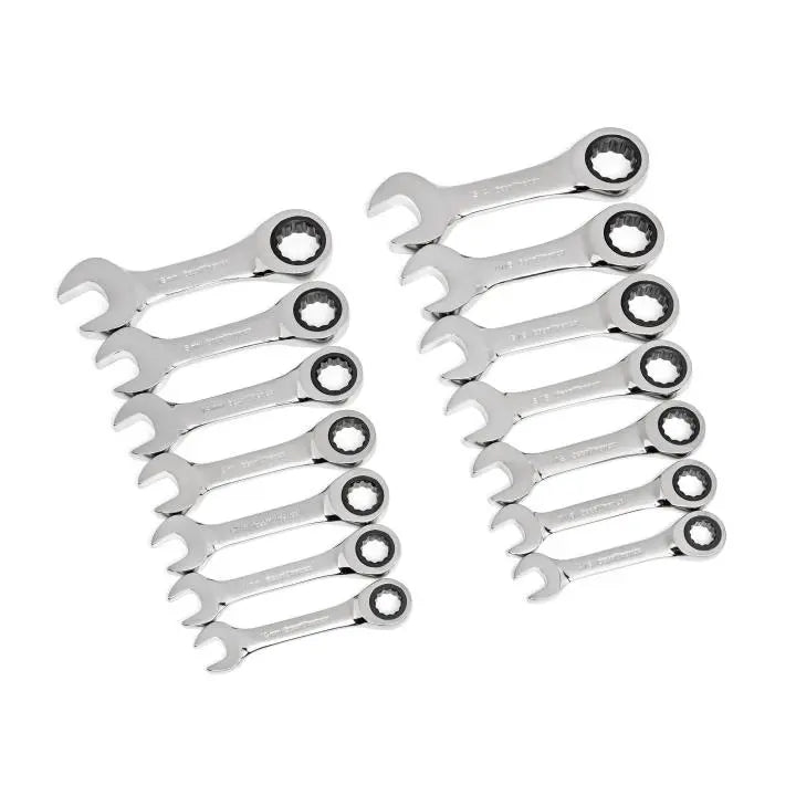 GEARWRENCH Set of 14 72-Tooth 12-Point Stubby Ratcheting SAE/Metric Combination Wrenches - GW 85206 Ratcheting Wrench Set GEARWRENCH