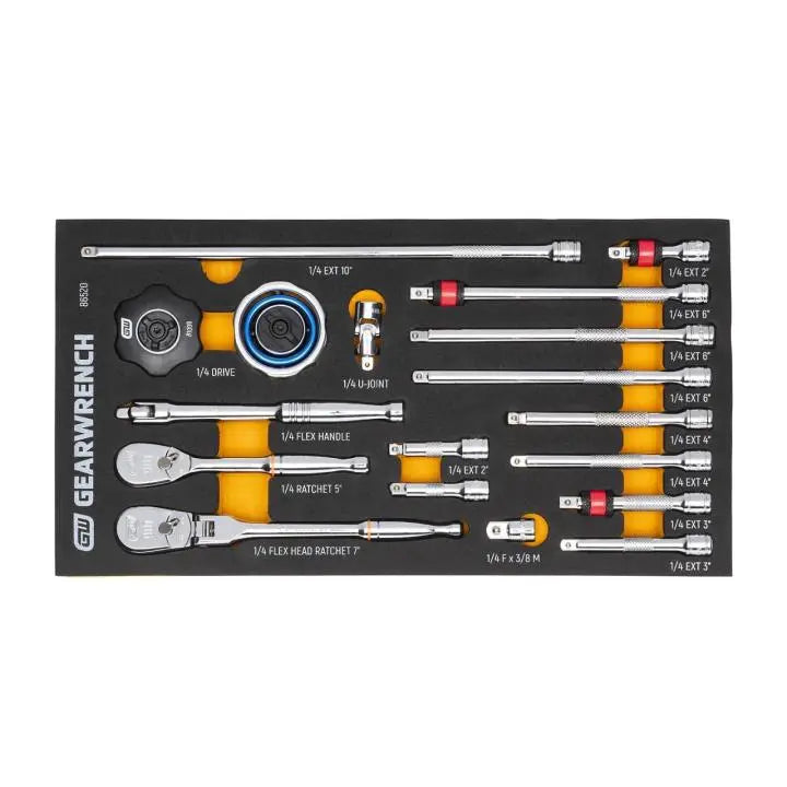 GEARWRENCH Set of 18 1/4 in Drive 90-Tooth Ratchet and Drive Tools in Foam Storage Tray - GW 86520 Tool Set GEARWRENCH