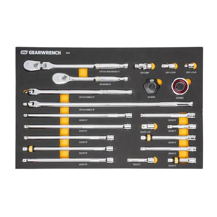 GEARWRENCH Set of 21 3/8 in Drive 90-Tooth Ratchet and Drive Tools in Foam Storage Tray - GW 86521 Tool Set GEARWRENCH